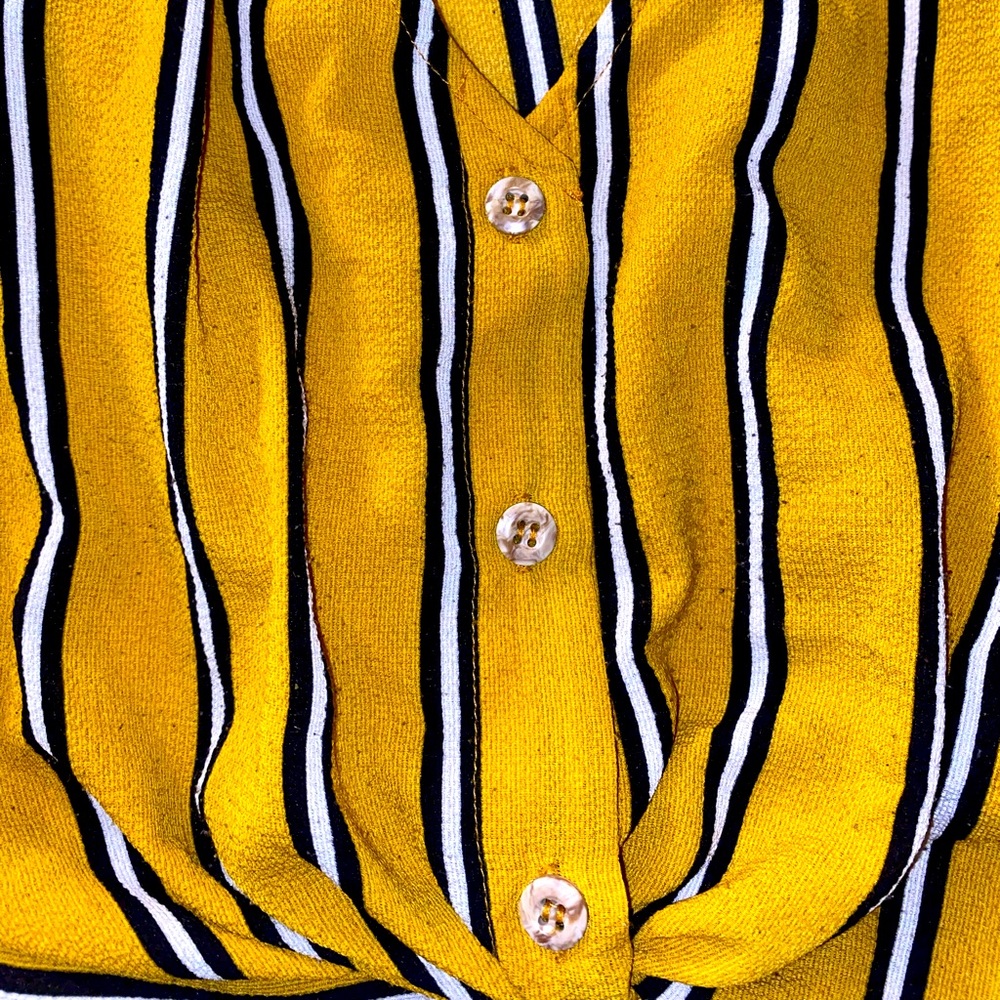 Polly & Esther Yellow Women’s Striped V Neck Blouse with Subtle Buttons Sleeves - Picture 4 of 6